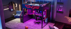 English Elm Gaming Full Loft Bed with Workstation Storage Staircase Led Lights and Usb Port N7090004031B