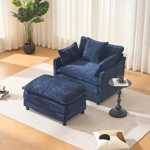 English Elm 39.4" Chenille Club Chair with Ottoman Solid Wood Frame Contemporary Living Room Seat Blue W3244P427715
