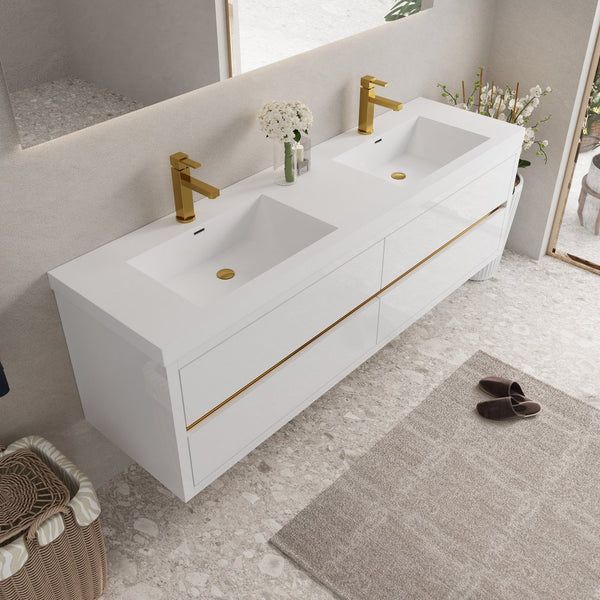 English Elm 72'' Floating Double Vanity Smoked Walnut Fluted Mdf Cabinet with Quartz Basins Glossy White W1920P385586