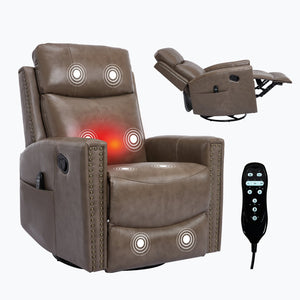 English Elm Camel Genuine Leather Massage Rocker Swivel Recliner with Heat and Lumbar Relief W1803P323716
