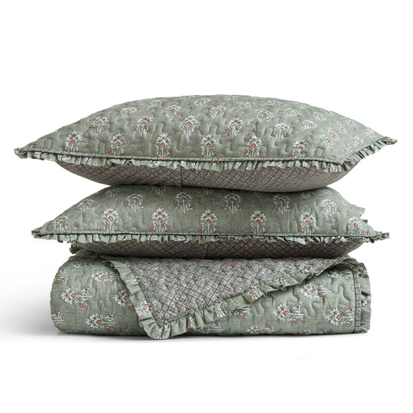 English Elm 3-piece Sage Green Ruffle Quilt Set Romantic Vermicelli Stitched Lightweight Bedding B035P408230