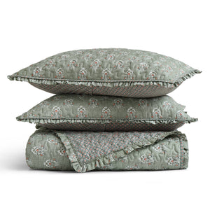 English Elm 3-piece King Quilt Set Ruffle Trim Vermicelli Stitching Soft Polyester Bohemian Bedding Sage Green B035P408231