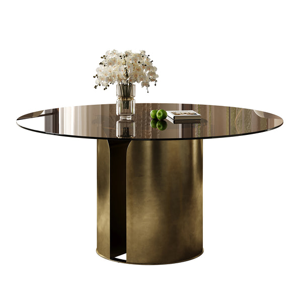 English Elm 59-Inch Round Dining Table - Elegant Dark Brown Glass Top With Antique Copper Steel Legs For 6-8 W509S00145
