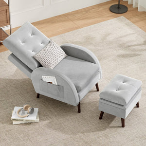English Elm Upholstered Velvet Accent Chair and Ottoman with Storage, Tufted Design, 6-Level Adjustable Backrest Light Gray T3623P411378