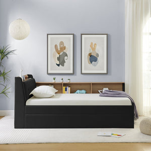 English Elm Twin Size Velvet Daybed With Adjustable Height Headboard, Storage, Trundle & Led Lights - Black W1413S00112-GIGA