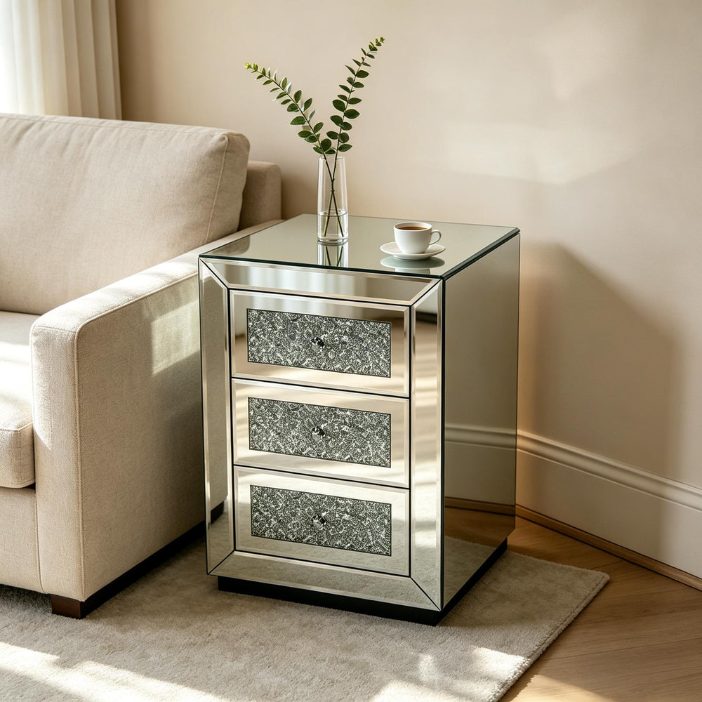 English Elm 3-drawer Mirrored Nightstand with Glitter Glam Silver Finish for Bedroom or Entryway W3935P462091