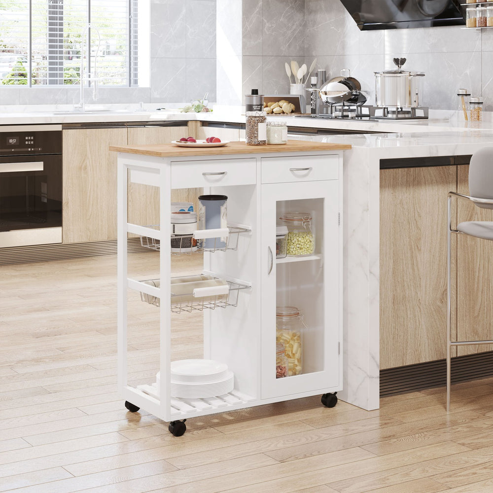 English Elm HOMCOM 28" Rolling Kitchen Island Cart with Bamboo Top, Wire Baskets, Drawers & Locking Wheels W2225P249927