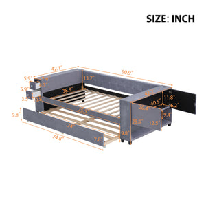 English Elm Twin Upholstered Bed with Trundle and Storage Drawers, USB Ports, French Velvet Luxurious Feel Gray SF000184AAE