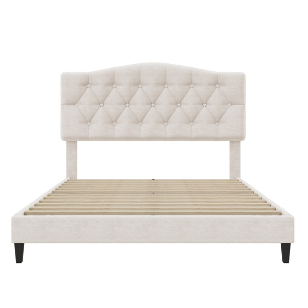 English Elm Upholstered Diamond-Tufted Platform Bed with Two-Position Adjustable Headboard and Sturdy Support Beige 59.25 L x 26.93 W x 5.24 H N701P342940B