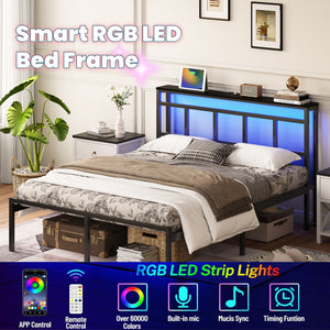 English Elm 14 Inch Twin Platform Bed Walnut Headboard Led Lighting Usb Charging Storage Shelf W1670P420448