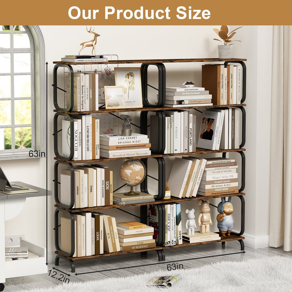 English Elm 5-Tier Industrial Bookshelf Rustic Brown Metal Frame Open Shelves 450lb Capacity Anti-Tip Design W2699P223204