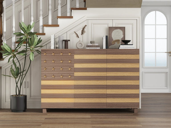 English Elm 55"Buffet Hand-Carved Sideboard Cabinet with 2 Drawers 3 Doors Adjustable Shelves Coffee Bar Console W2977P294070