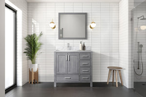English Elm Distressed Grey Bath Vanity Set With Left Offset Carrara Marble Top & Elegant 34" Mirror Included B2731S00687