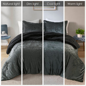 English Elm 3 Piece Crushed Velvet Reversible Comforter Set Full Queen Luxe Hypoallergenic Bedding Charcoal B035P319857