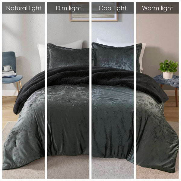 English Elm 3 Piece Crushed Velvet Reversible Comforter Set Full Queen Luxe Hypoallergenic Bedding Charcoal B035P319857