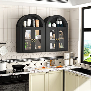 English Elm Wall Mounted Arched Cabinet Tempered Glass Doors Led Lighting Adjustable Shelves Bathroom Black T3210P471555