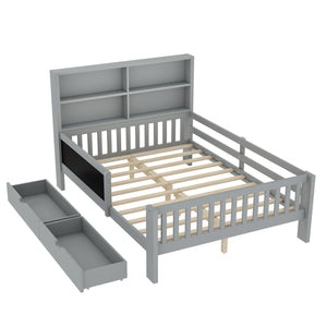 English Elm Full Solid Wood Platform Bed with Chalkboard Headboard, Storage Drawers & Shelves, Kid-Friendly White Gray W1580P362710
