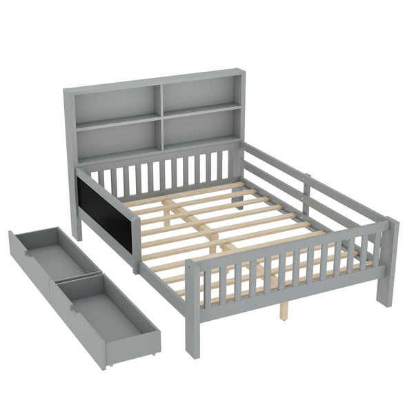 English Elm Full Solid Wood Platform Bed with Chalkboard Headboard, Storage Drawers & Shelves, Kid-Friendly White Gray W1580P362710