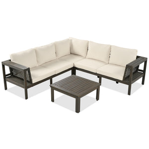 English Elm GO 4 Pieces Outdoor Acacia Wood Sofa Set with Removable Cushions, Woven Armrests & Coffee Table Beige,Grayish Brown N704G201249A