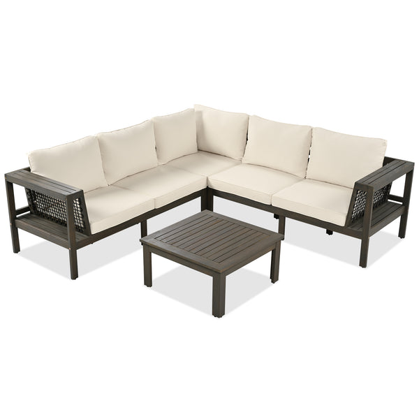 English Elm GO 4 Pieces Outdoor Acacia Wood Sofa Set with Removable Cushions, Woven Armrests & Coffee Table Beige,Grayish Brown N704G201249A