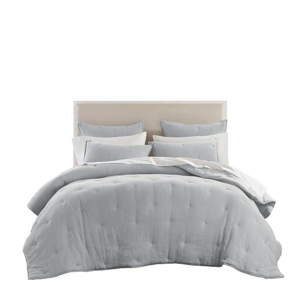 English Elm 3-piece King Cotton Muslin Quilt Set Crinkled Embroidered Coastal Farmhouse Bedding B035P408346