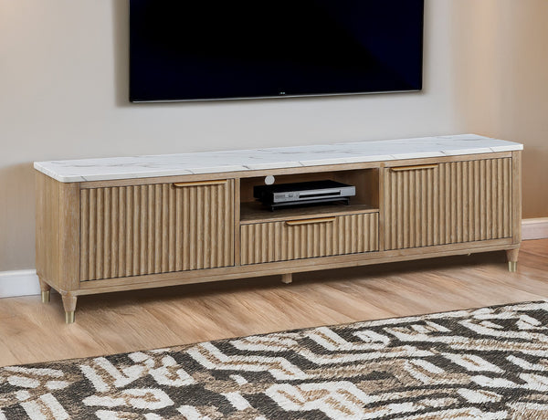 English Elm 1pc Modern Luxury Fluted Wood Facade TV Stand with Faux Marble Top, Brass Accents & Tapered Legs Natural Wood,White 20.25 L x 87 W x 24 H B2741P367181