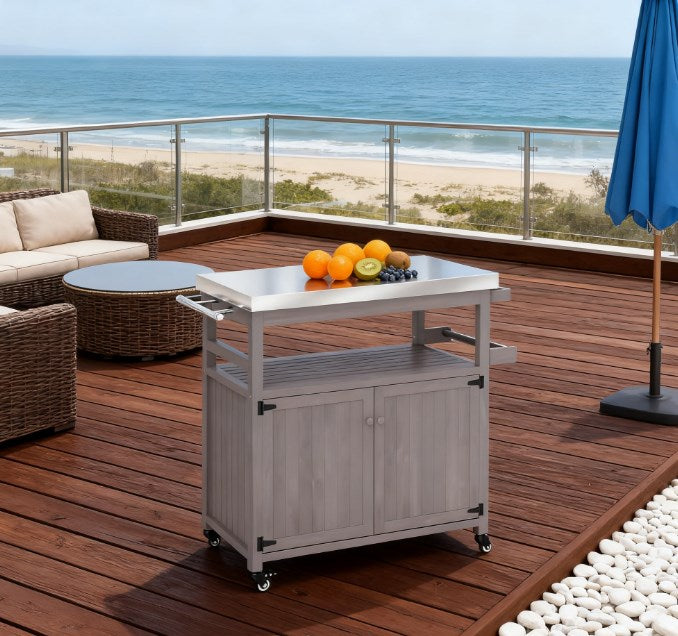 English Elm Solid Fir Wood Outdoor Grill Cart with Stainless Steel Top Cabinet Storage T3971P424948