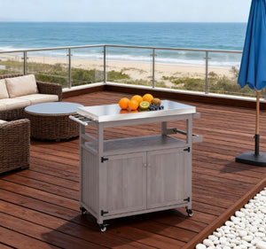 English Elm Solid Fir Wood Outdoor Grill Cart with Stainless Steel Top Cabinet Storage T3971P424948
