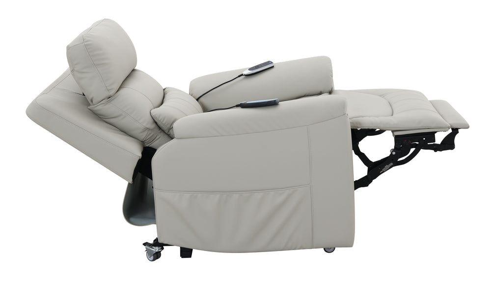 English Elm Marsha Light Gray Power Motion Recliner with Lift, Heated Massage, Faux Leather Upholstery, Modern Comfort B2726S00015