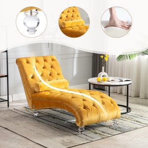 English Elm Velvet Curved Chaise Lounge Sofa with Button-Tufted Upholstery, Plush Foam Seat and Acrylic Legs Mustard W39538680