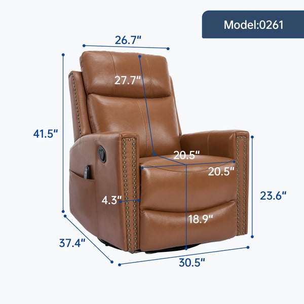 English Elm Deep Ochre Genuine Leather Swivel Rocker Recliner with Massage Heat for Living Room W1803P323711