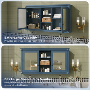English Elm 55 Inch Wall Mount Medicine Cabinet Dual Mirrored Doors Soft Close Bathroom Vanity Storage Blue N710P401342C