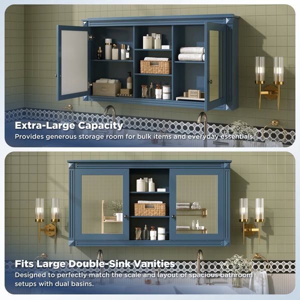 English Elm 55 Inch Wall Mount Medicine Cabinet Dual Mirrored Doors Soft Close Bathroom Vanity Storage Blue N710P401342C