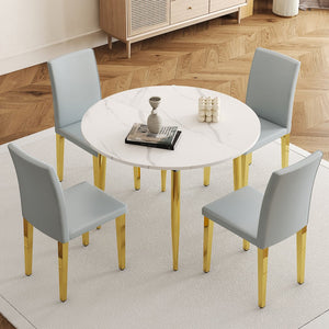 English Elm Table and Chair Set Extendable Round Mdf Top Gold Legs Four Pu Dining Seats Light Gray,White+Gold W1151S04831