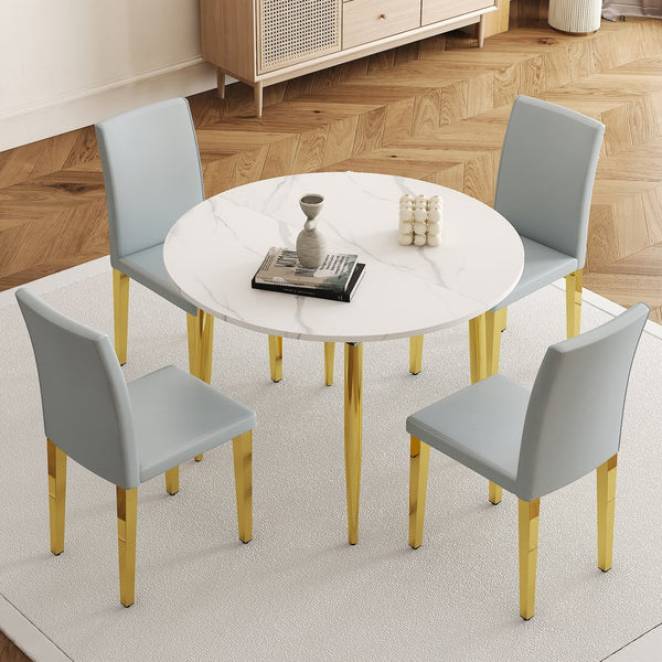 English Elm Table and Chair Set Extendable Round Mdf Top Gold Legs Four Pu Dining Seats Light Gray,White+Gold W1151S04831