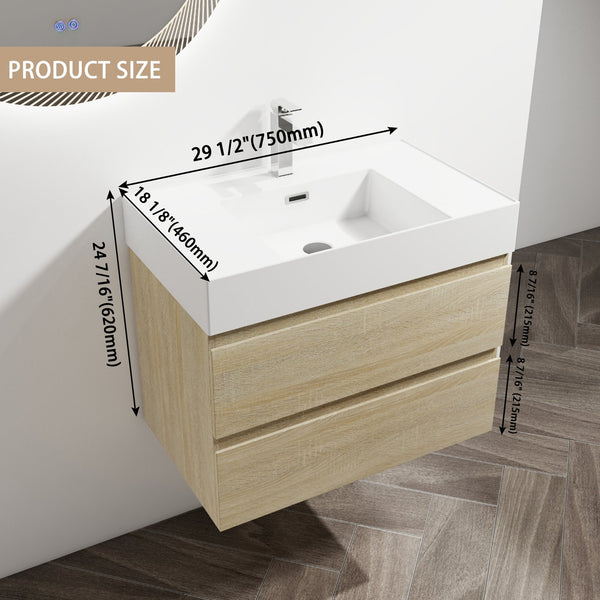 English Elm 30" Wall-Mounted Bathroom Vanity With Modern Resin Sink, Soft-Close Drawers, And Eco-Friendly Design W999S00197