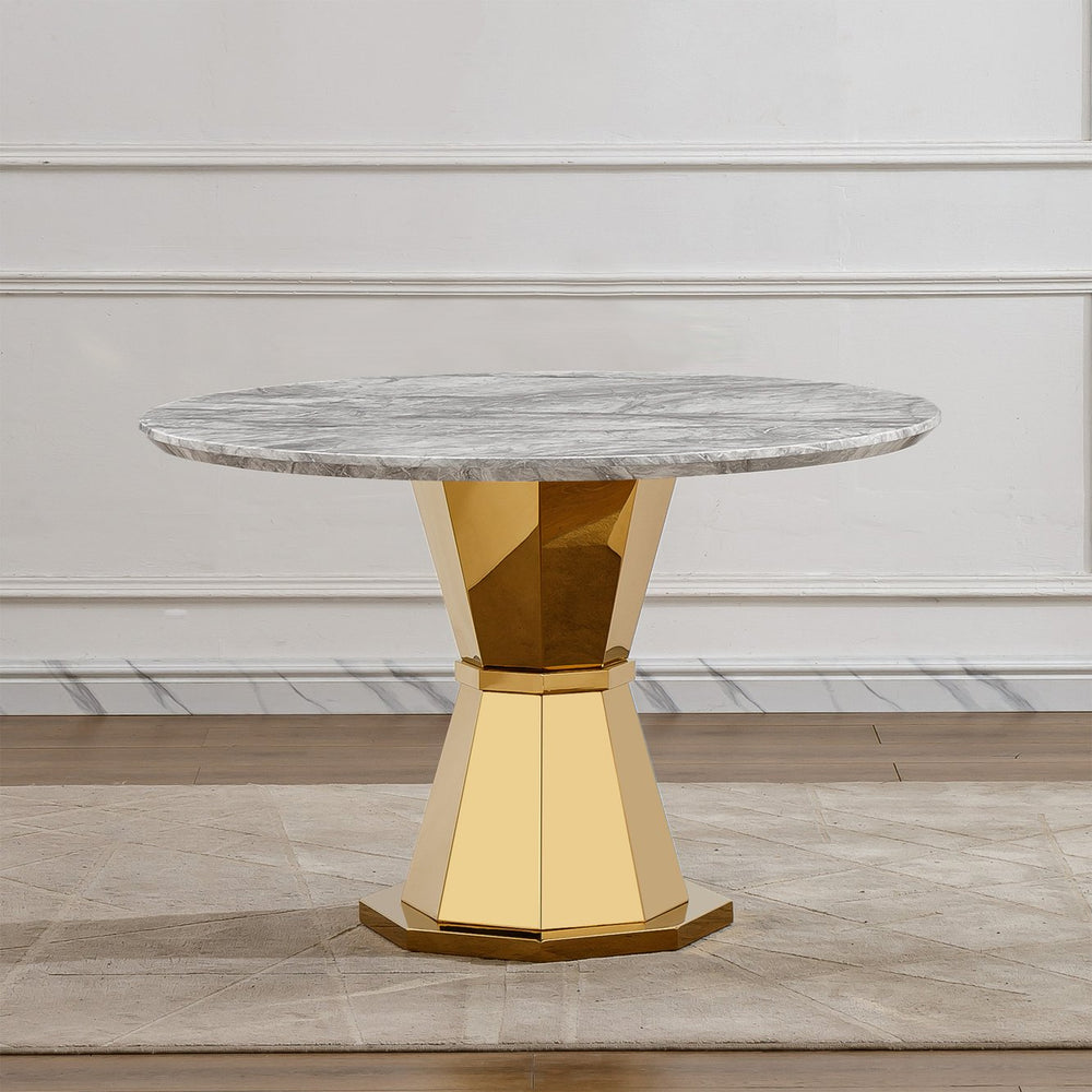 English Elm 47" Round Marble Dining Table - Luxurious Faux Marble Top & Gold Stainless Steel Base For Modern Homes W3456S00006