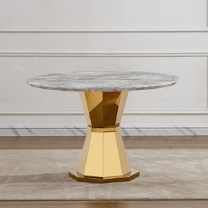 English Elm 47" Round Marble Dining Table - Luxurious Faux Marble Top & Gold Stainless Steel Base For Modern Homes W3456S00006