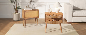 English Elm Rotating Rattan Nightstand Push Open Hidden Storage Mid Century Wood Leg Bedside Natural N761P288451M