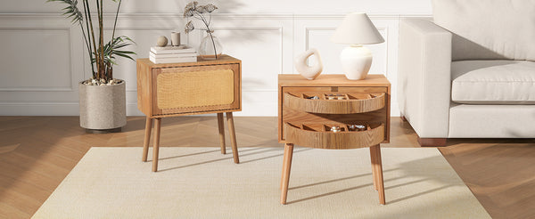 English Elm Rotating Rattan Nightstand Push Open Hidden Storage Mid Century Wood Leg Bedside Natural N761P288451M