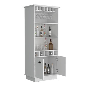 English Elm Dundee Tall White Bar Cabinet with Glass Panel Doors Open Cubbies and Display Shelves B200S00385