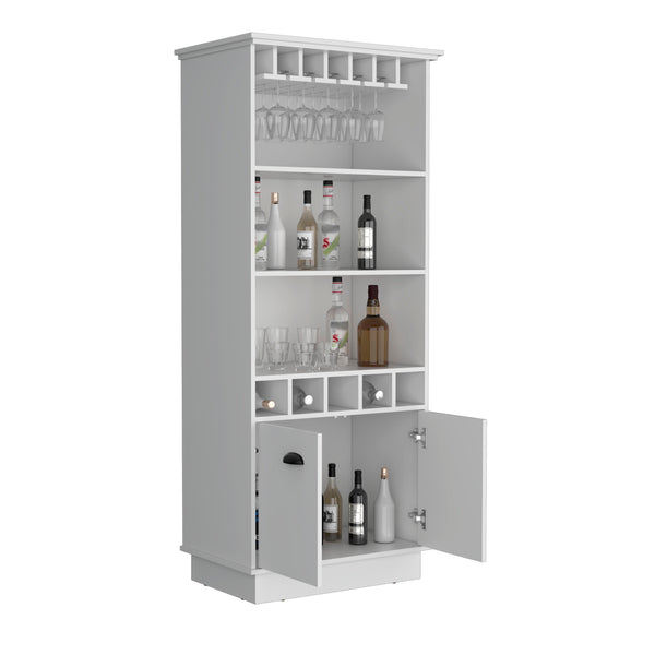 English Elm Dundee Tall White Bar Cabinet with Glass Panel Doors Open Cubbies and Display Shelves B200S00385