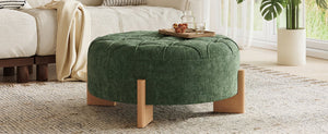 English Elm 32" Round Chenille Ottoman Tufted Footrest with Rubberwood Legs for Living Room Green N723P405298G
