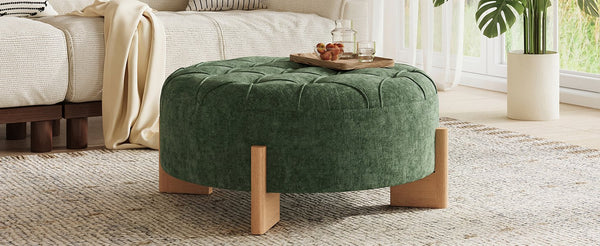 English Elm 32" Round Chenille Ottoman Tufted Footrest with Rubberwood Legs for Living Room Green N723P405298G