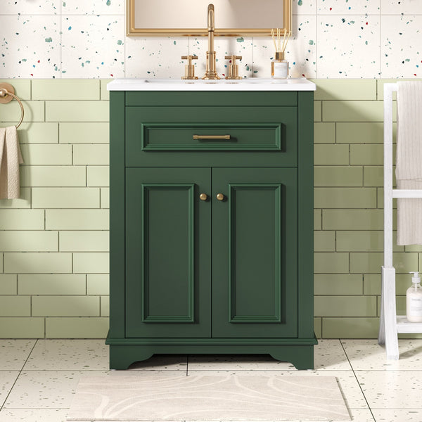 English Elm 24" Matte Single Sink Vanity Solid Poplar Frame Gold Hardware Soft Close Cabinet Green N710P389449F