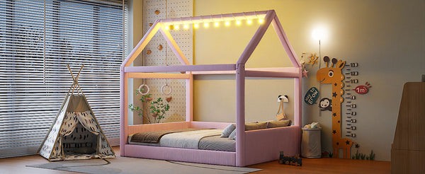 English Elm Full Size Upholstered House Daybed With Led Lights – Cozy Pink Retreat For Kids & Guests N7500001335H