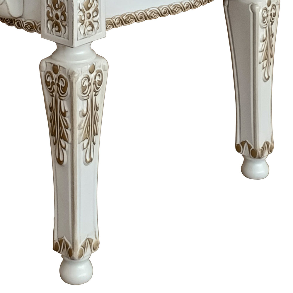 English Elm Beige Tufted Faux Leather Arm Chairs Set of 2 with Nailhead Trim, Floral Tapered Legs, Antique Pearl Finish B062P186459