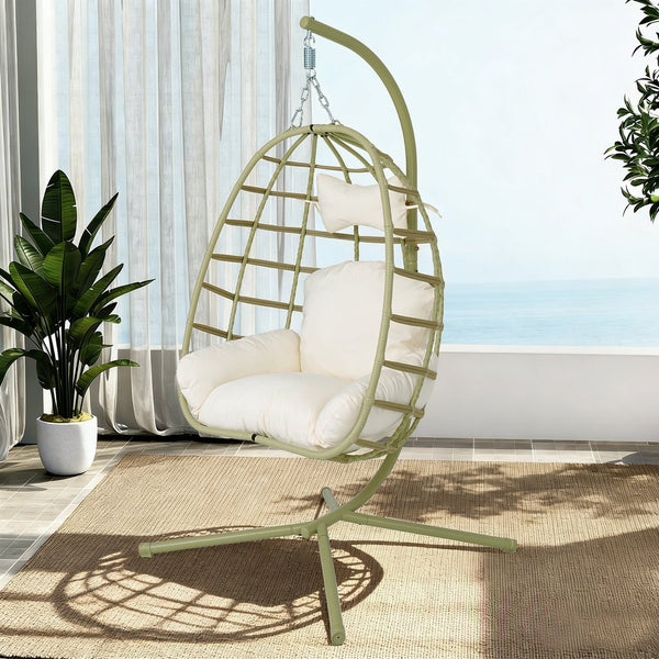 English Elm Egg Hanging Chair with Stand Pe Rattan Swing Seat Washable Cushion Patio Bedroom T5880P497436