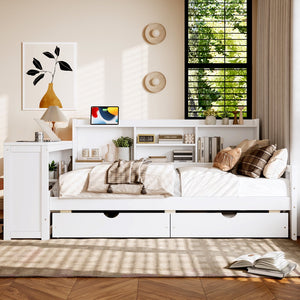 English Elm Twin Corner Daybed Pine Frame Built in Desk Bookcase Drawers Charging Kids Room White W697S00041