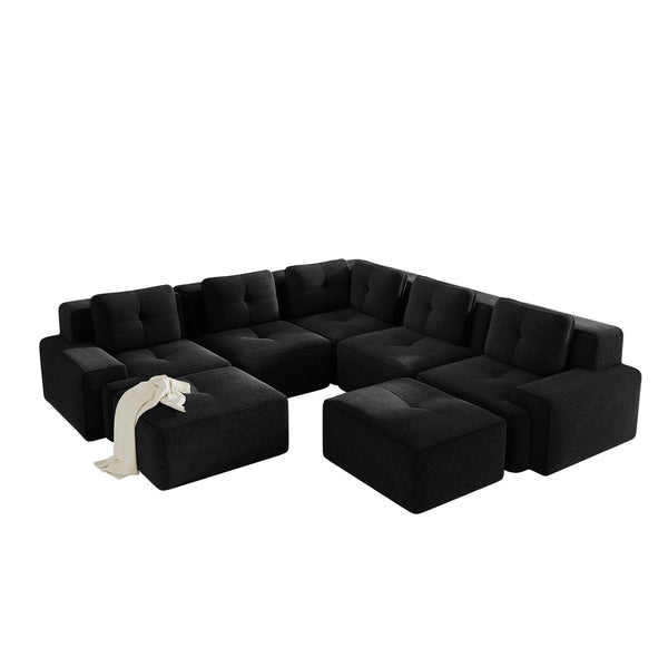 English Elm Modular Corduroy Sectional Sofa V Shaped 5 Seat Living Room Couch with Ottoman Black W714S01586